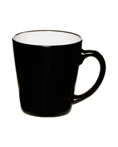 Custom latte mugs in glossy black with a white interior, front view