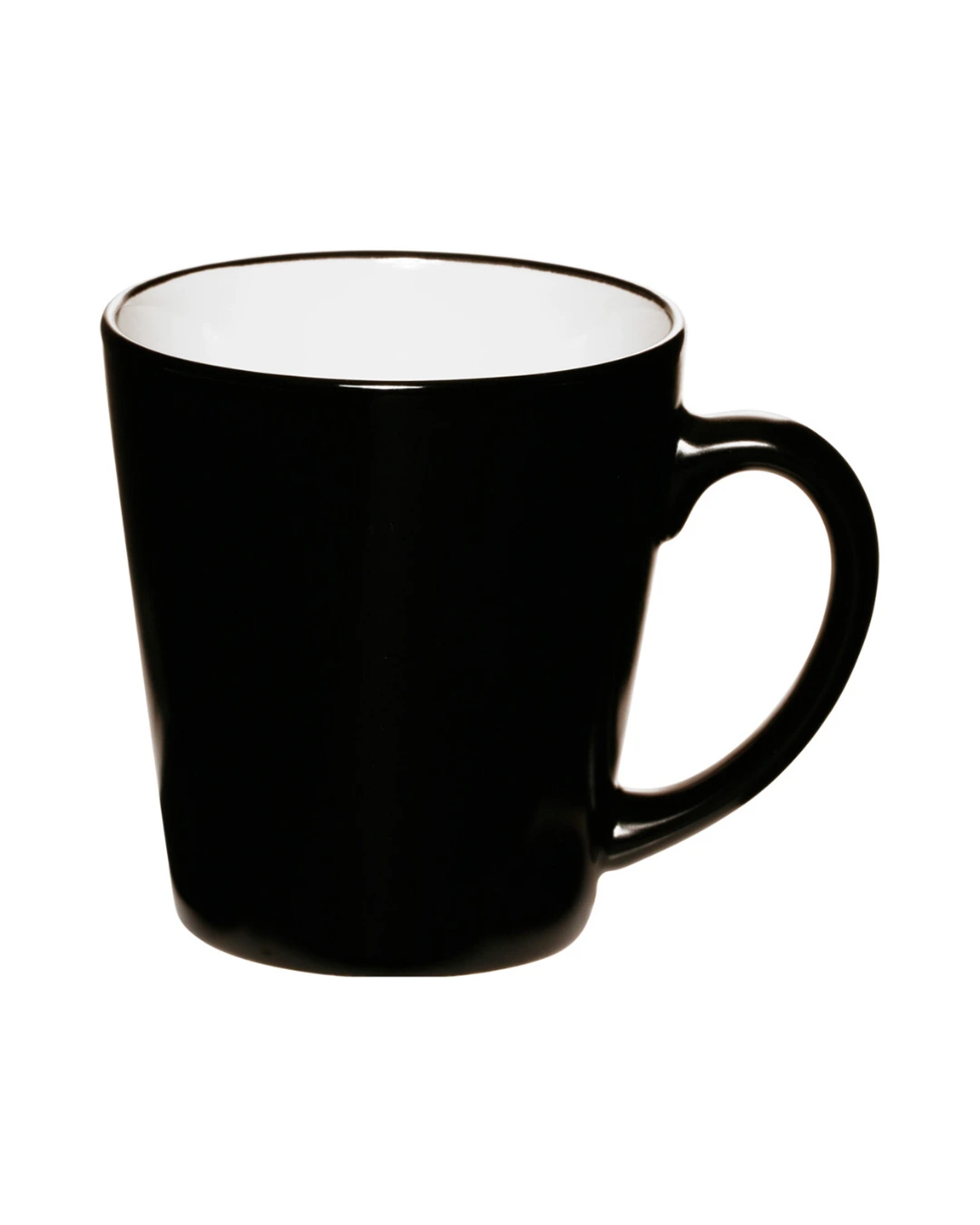 Custom latte mugs in glossy black with a white interior, front view