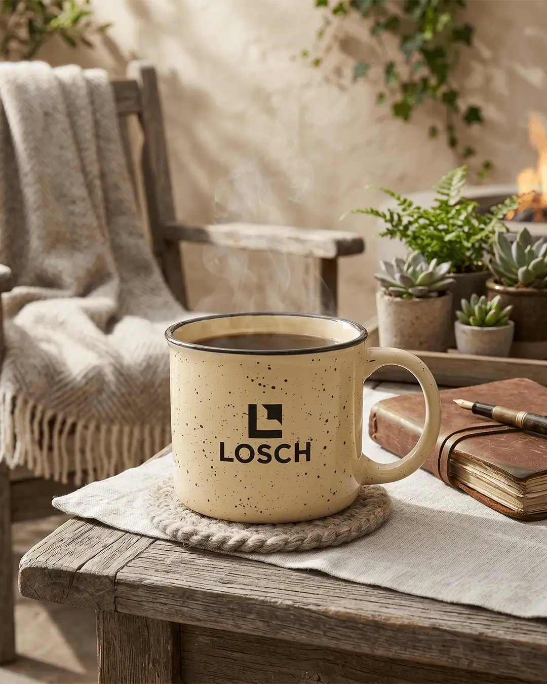 Custom camp mugs in speckled ceramic with coffee on a wooden table outdoors