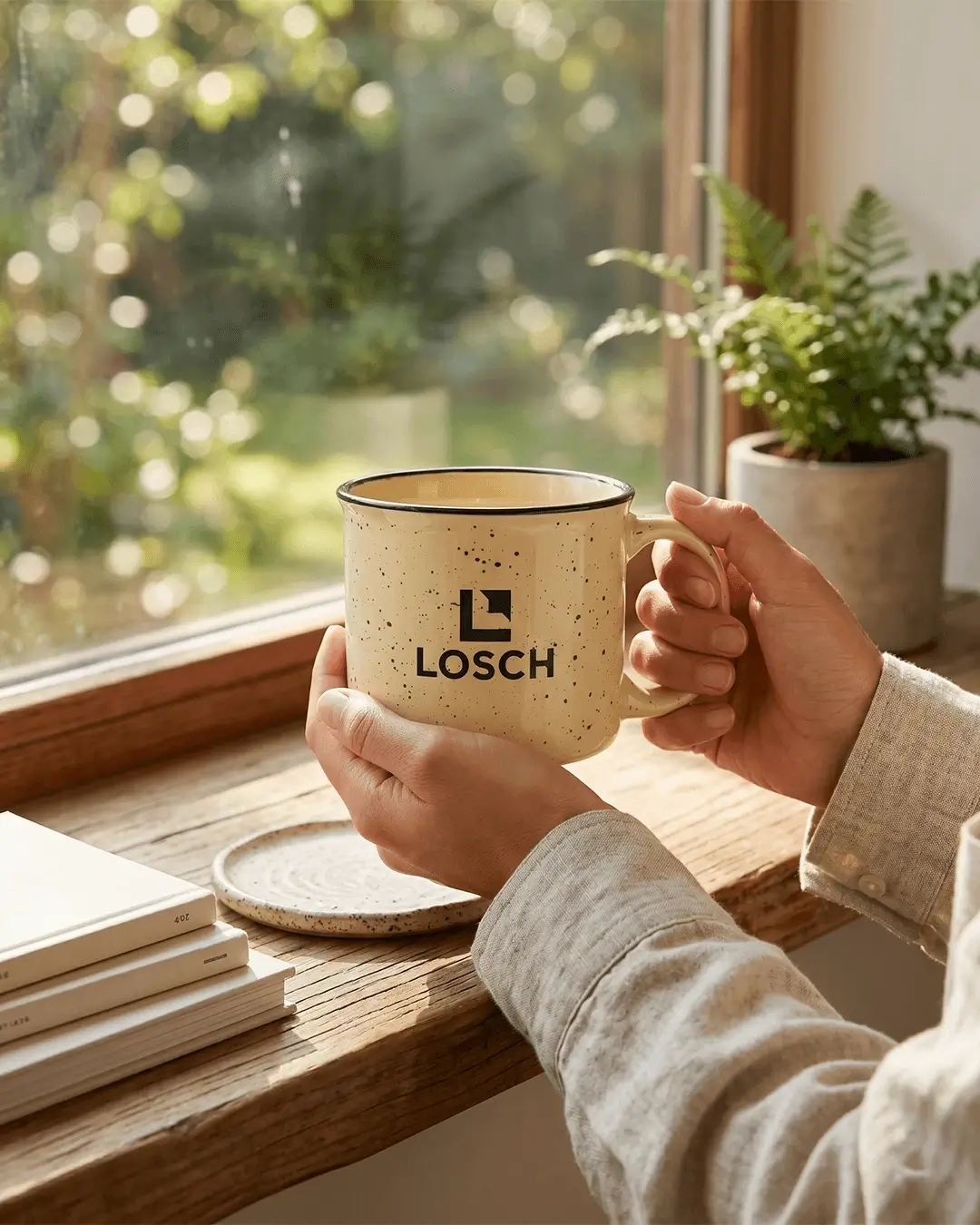Custom camp mug in speckled ceramic showing the large front print area