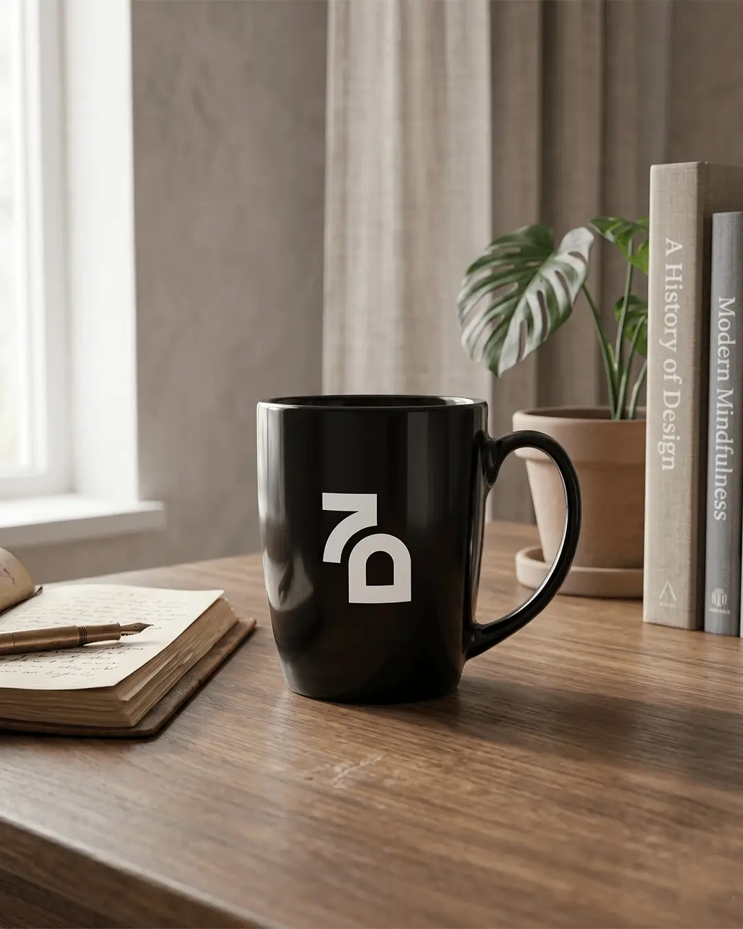 Promotional coffee mugs in glossy colors with high curved handles on an office desk
