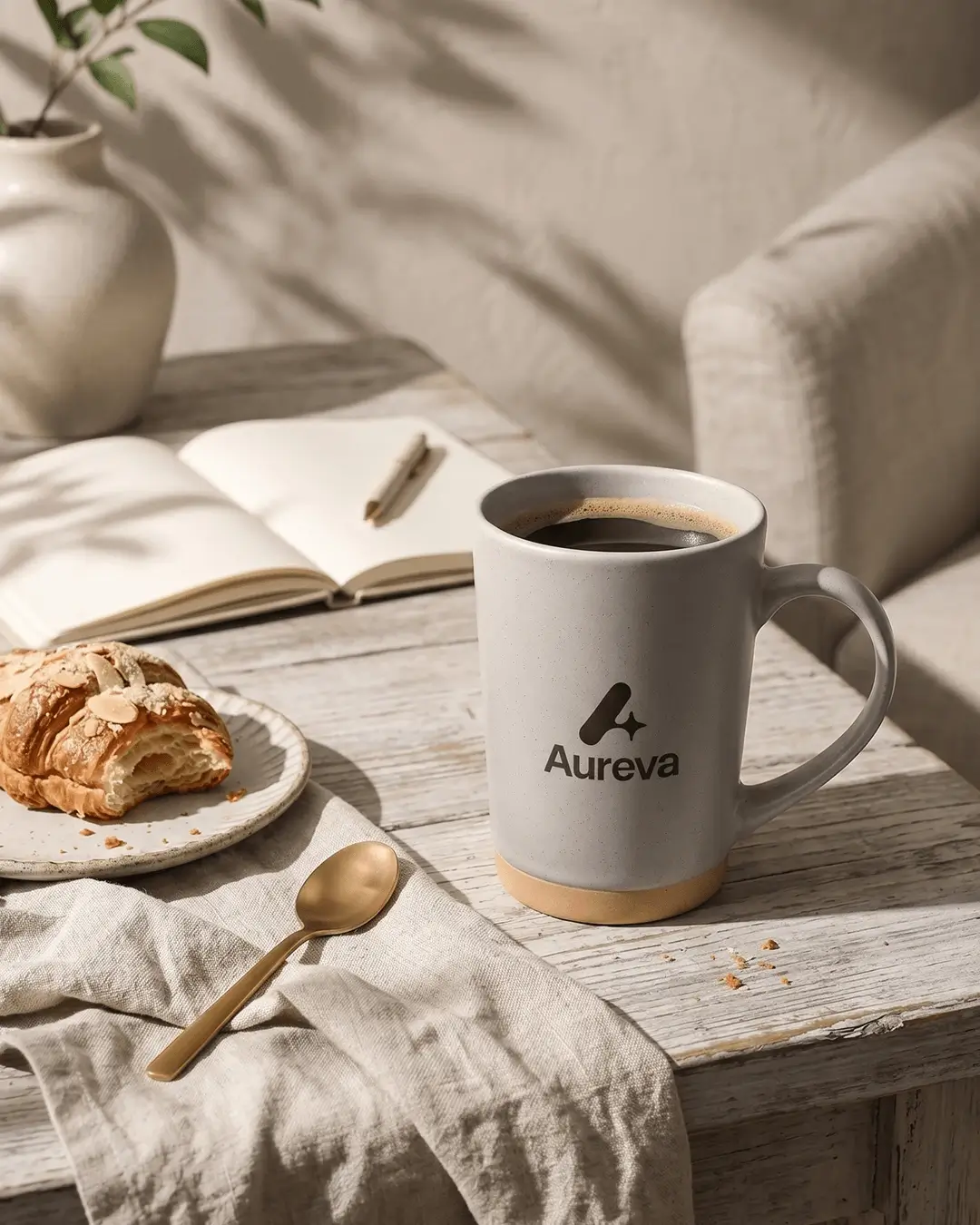Custom big coffee mug in gray speckled stoneware on a cafe table with a croissant