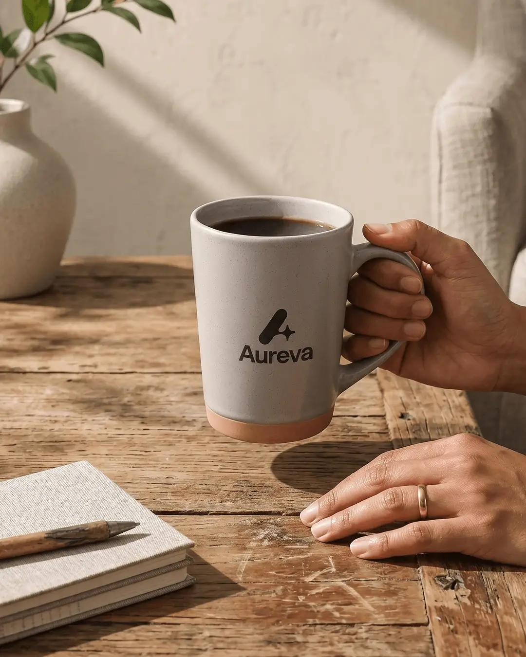 Custom big coffee mug in speckled stoneware styled in a cafe setting, 16 oz
