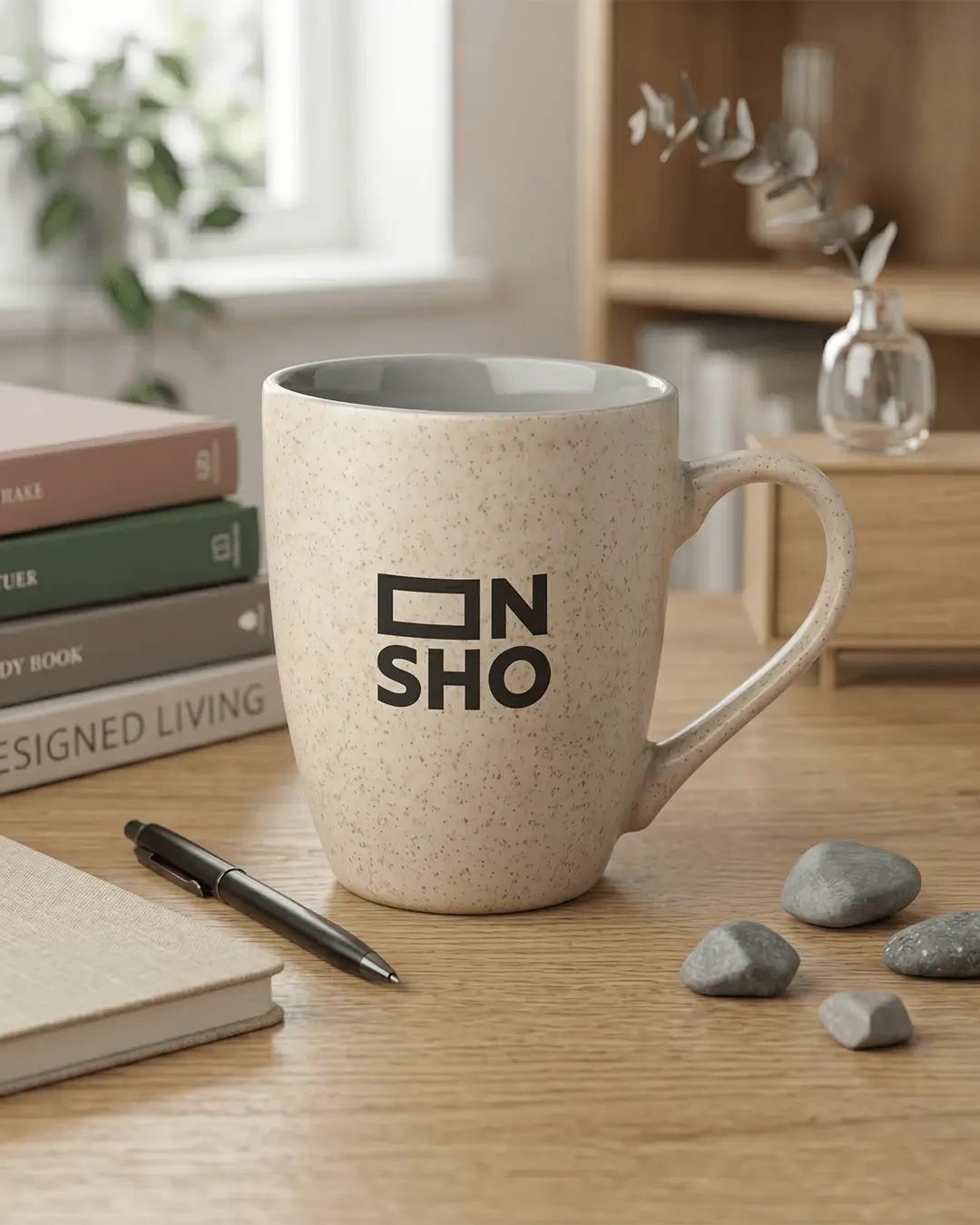 Custom coffee mug in speckled stoneware with a comfort-grip handle on a wooden table
