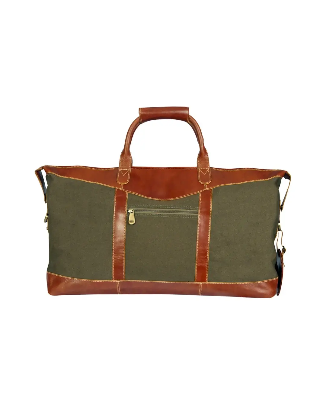 Back of a custom leather duffel bag showing the zippered pocket and full-grain leather trim — Brandevois
