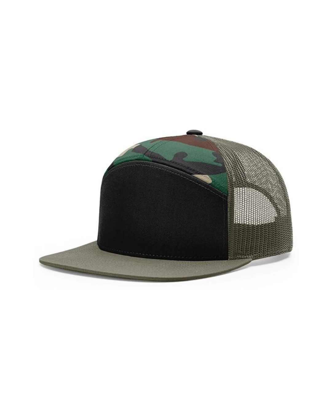 Custom snapback trucker cap in black camo olive by Brandevois