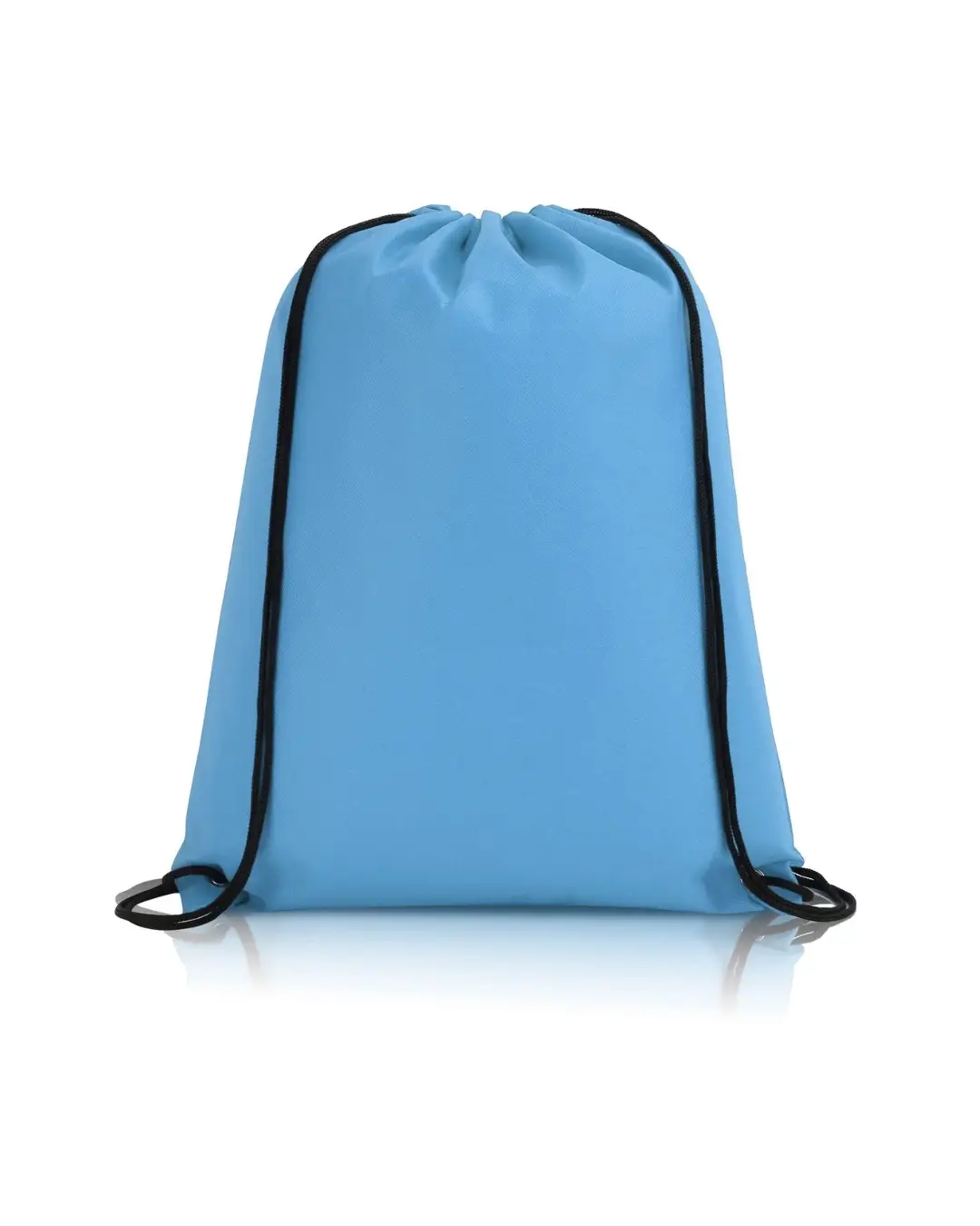 Custom drawstring bags in Baby Blue, 14 x 17 in non-woven backpack with cinch cord and metal grommets, front view