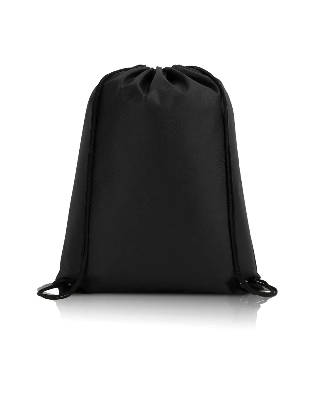 Custom drawstring bags in Black, 14 x 17 in non-woven backpack with cinch cord and metal grommets, front view