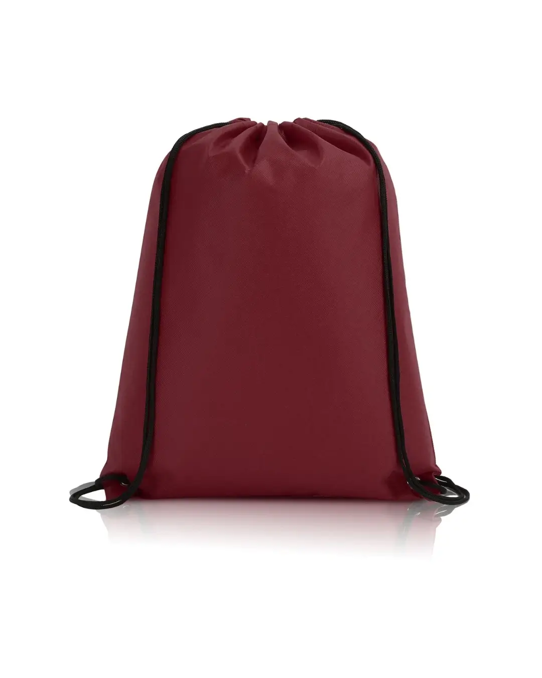 Custom drawstring backpack in burgundy with cinch-up drawstring straps and metal grommets