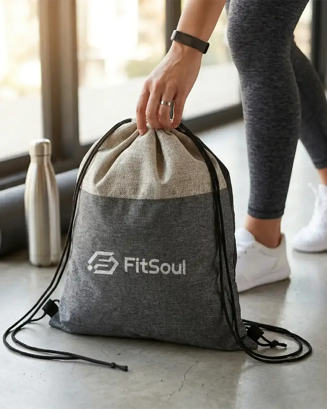 Custom cinch backpacks with a sample printed logo, lifted by the cords in a gym