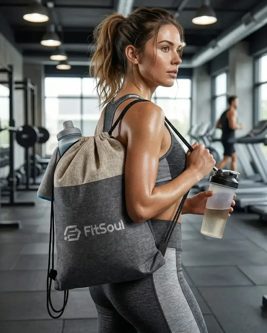 Custom cinch backpacks in three colors with a sample printed logo at an event
