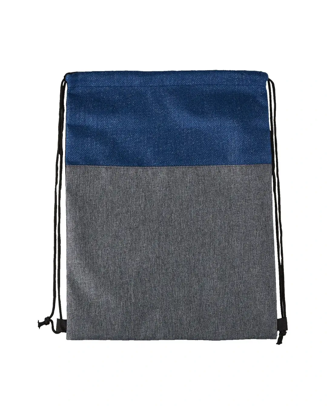 Custom cinch backpacks in Blue, heathered grey body with a blue jute-look top panel, front view