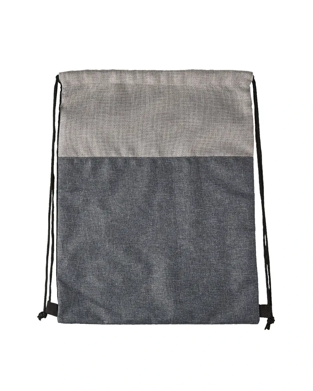 Custom cinch backpacks in Natural Beige, heathered grey body with an oatmeal jute-look top panel, front view