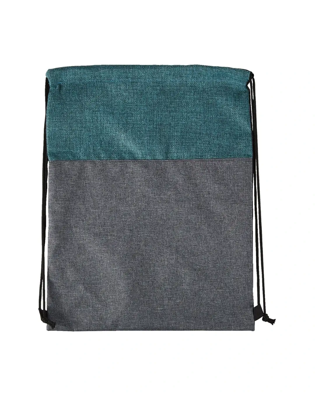 Custom cinch backpacks in Teal Blue, heathered grey body with a teal jute-look top panel, front view