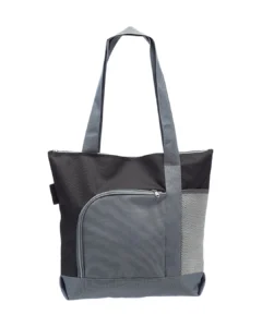 Custom beach bag in Black, zippered two-tone 600D polyester sport tote with front zip pocket, front view