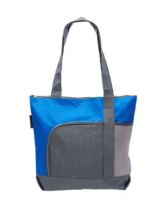 Custom beach bag in Blue, zippered two-tone 600D polyester sport tote with front zip pocket, front view