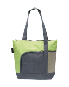 Custom beach bag in Green, zippered two-tone 600D polyester sport tote with front zip pocket, front view