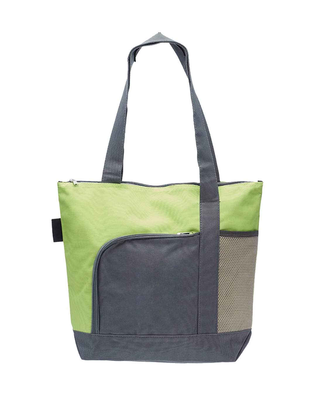 Custom beach bag in Green, zippered two-tone 600D polyester sport tote with front zip pocket, front view