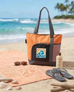 Custom beach bag with a sample logo carried at an outdoor event