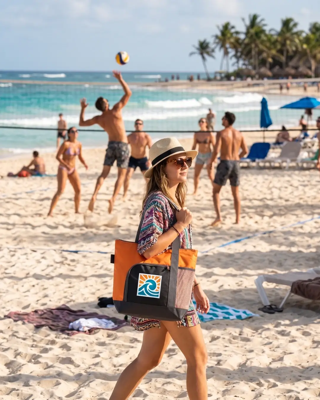 Custom zippered beach bag with a sample logo carried on the sand