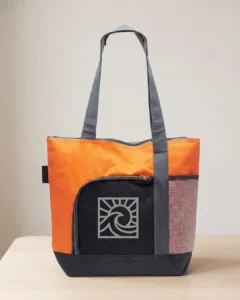 Custom beach bag mockup showing the 5 x 5 in front logo imprint area