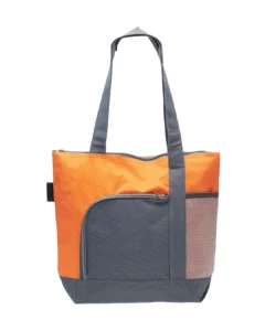 Custom beach bag in Orange, zippered two-tone 600D polyester sport tote with front zip pocket, front view