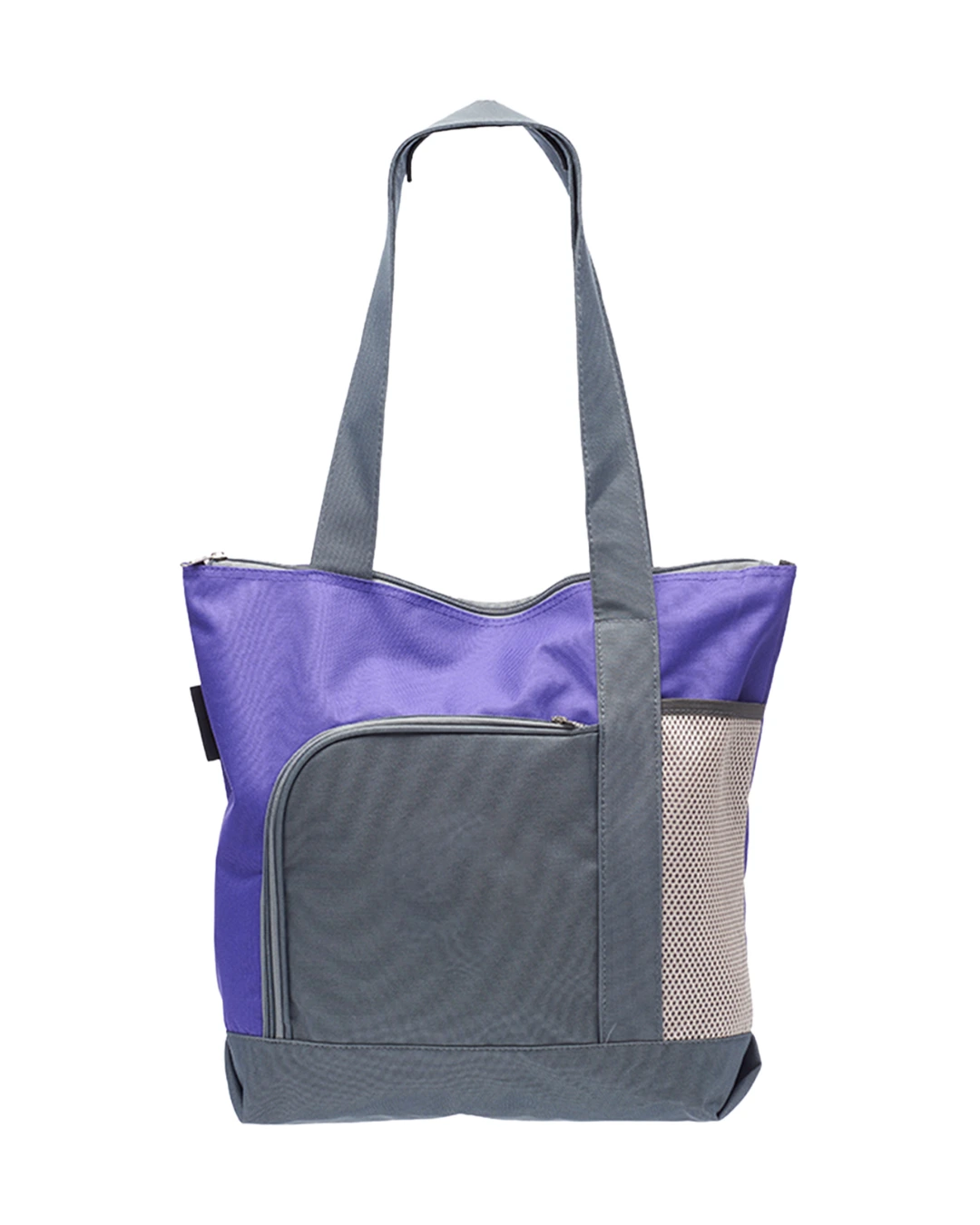 Custom beach bag in Purple, zippered two-tone 600D polyester sport tote with front zip pocket, front view