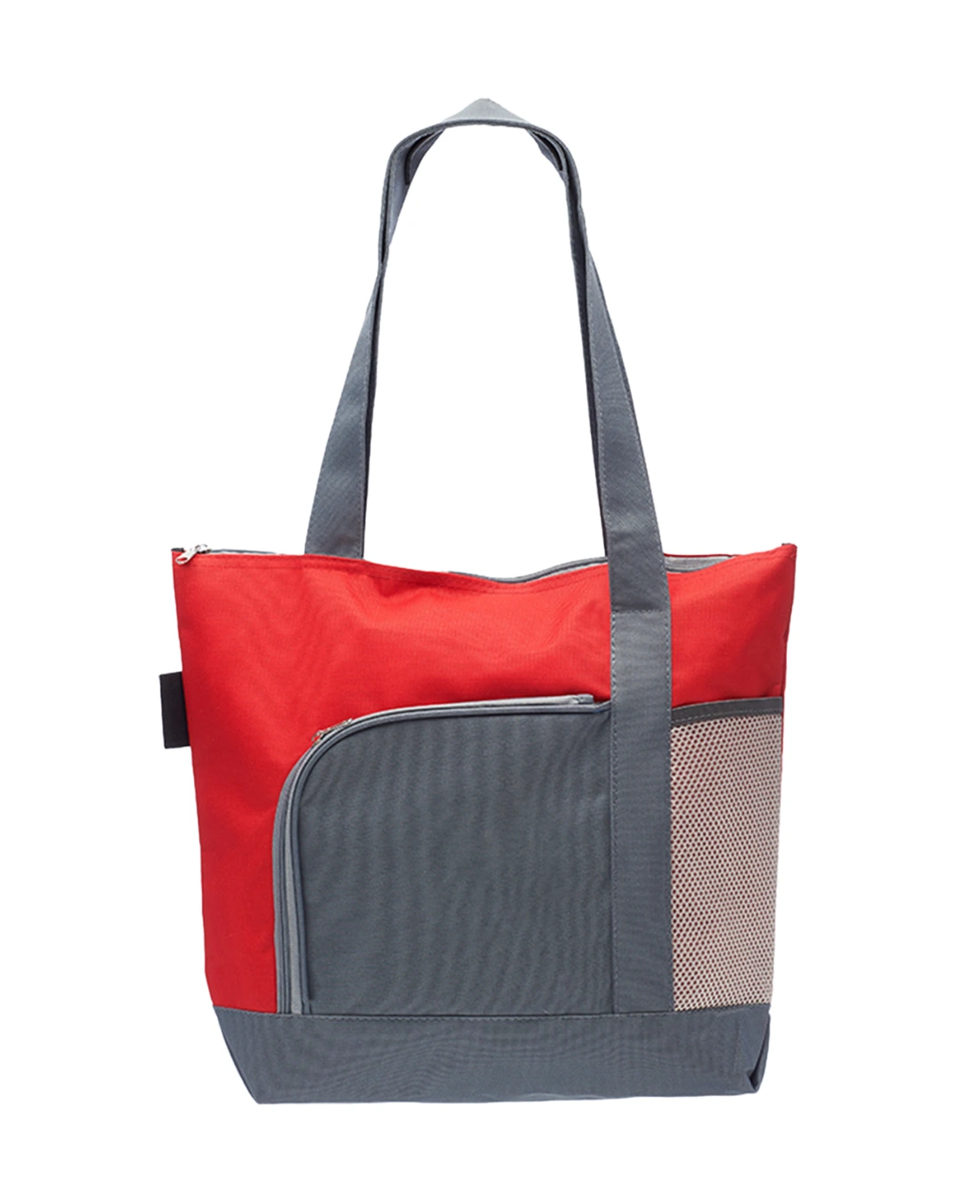 Custom beach bag in Red, zippered two-tone 600D polyester sport tote with front zip pocket, front view