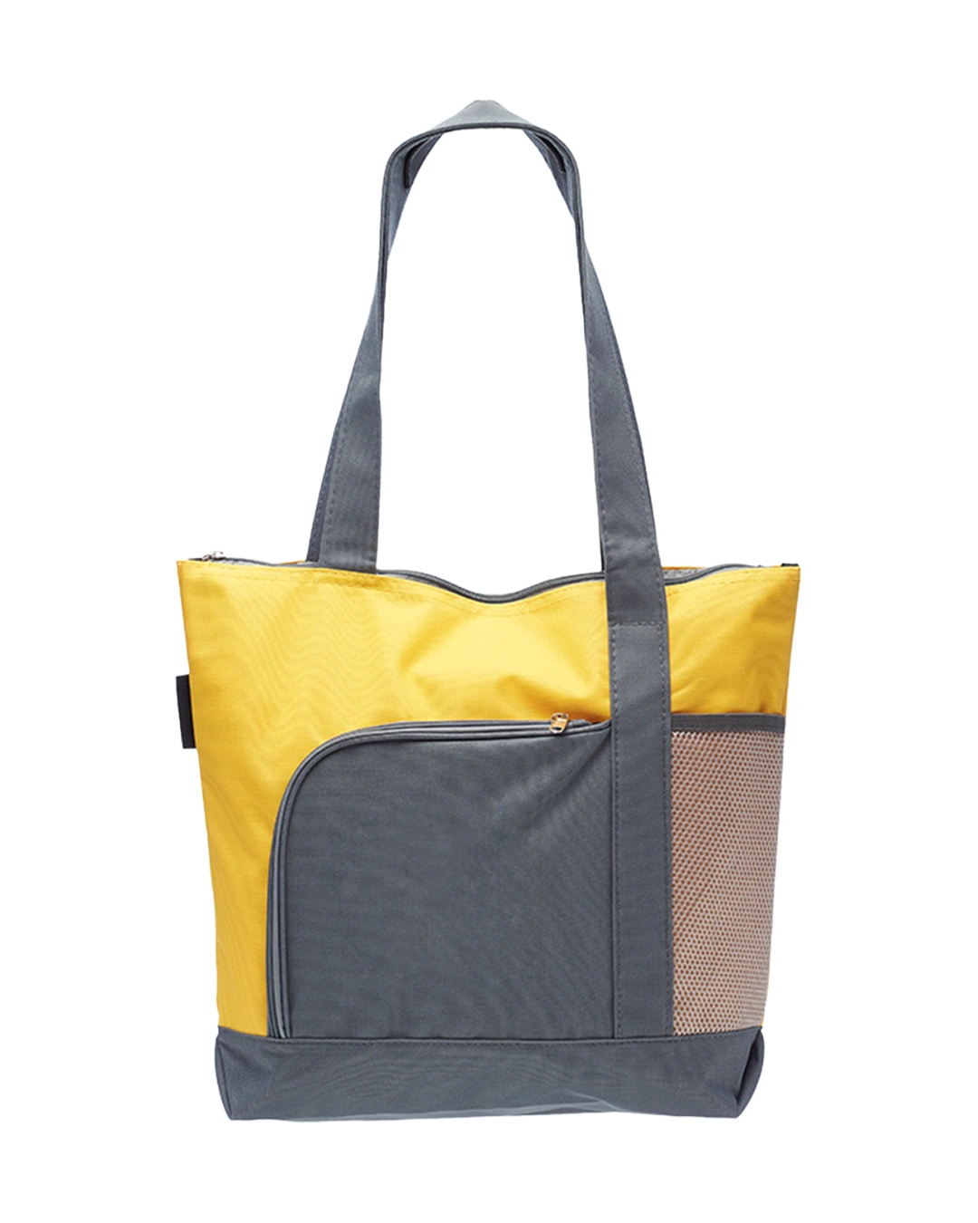 Custom beach bag in Yellow, zippered two-tone 600D polyester sport tote with front zip pocket, front view