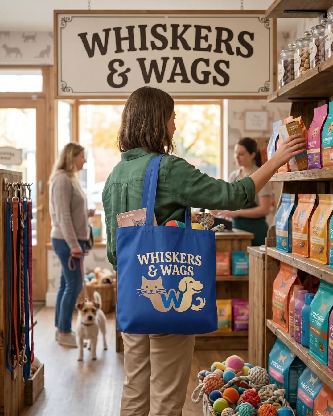 Custom reusable grocery bag with a sample logo loaded with groceries
