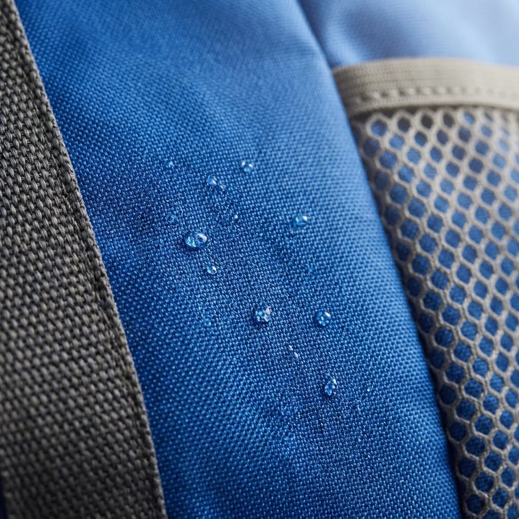 Close-up of the royal blue 600D polyester weave on a custom beach bag with water beading, grey webbing strap and mesh pocket
