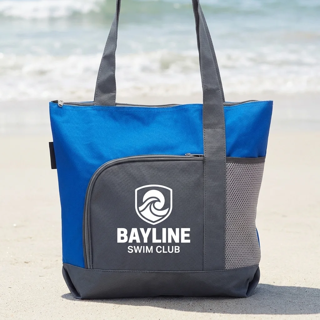 Custom beach bag on the sand screen printed with a one color swim club logo on the front panel