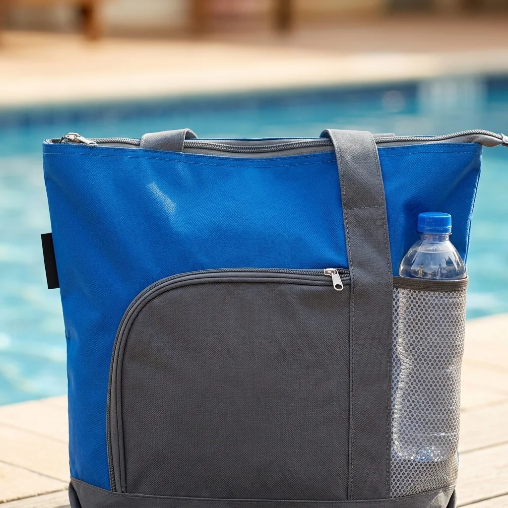 Custom beach bag poolside showing the 8 x 8 in front zip pocket, the air-mesh pocket holding a water bottle and the zipped top