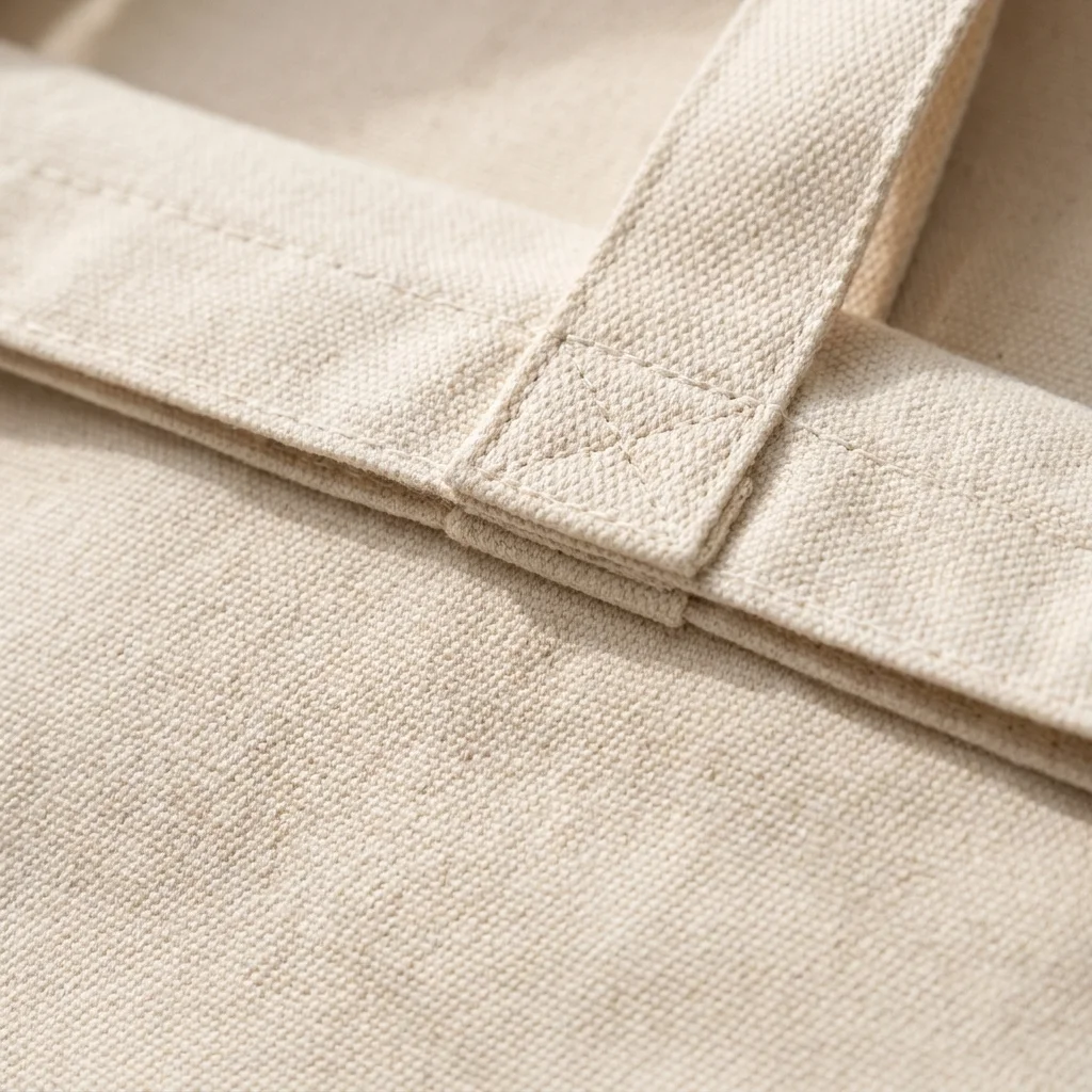 Close-up of the heavyweight 12 oz cotton canvas weave on a custom reusable grocery bag with the box-stitched self-fabric handle