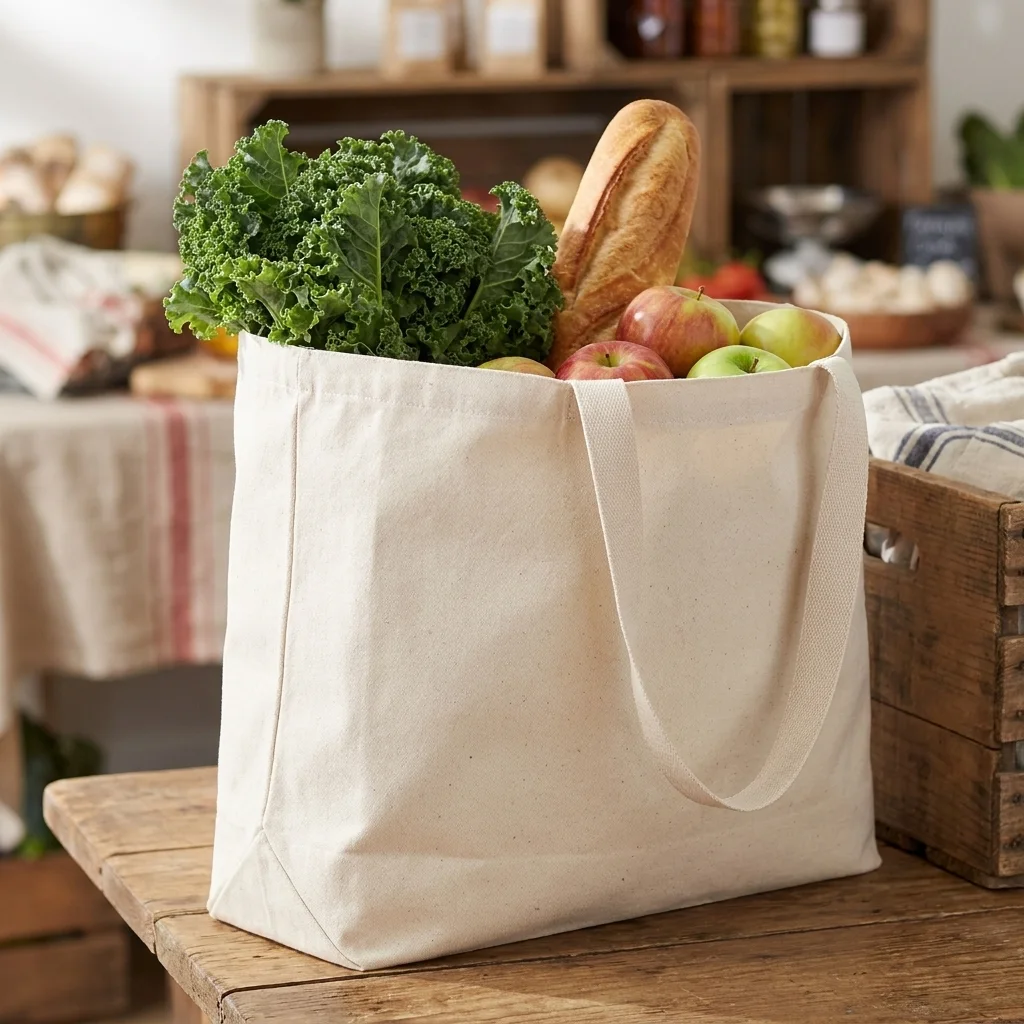 Custom reusable grocery bag in natural canvas standing open on a market table, full side gusset visible, loaded with greens, bread and apples