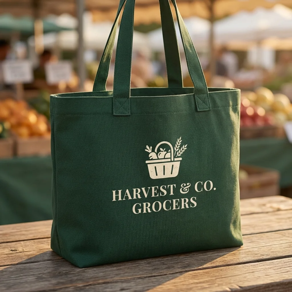 Custom reusable grocery bag in hunter green canvas screen printed with a one color grocer logo on the front, at a farmers market