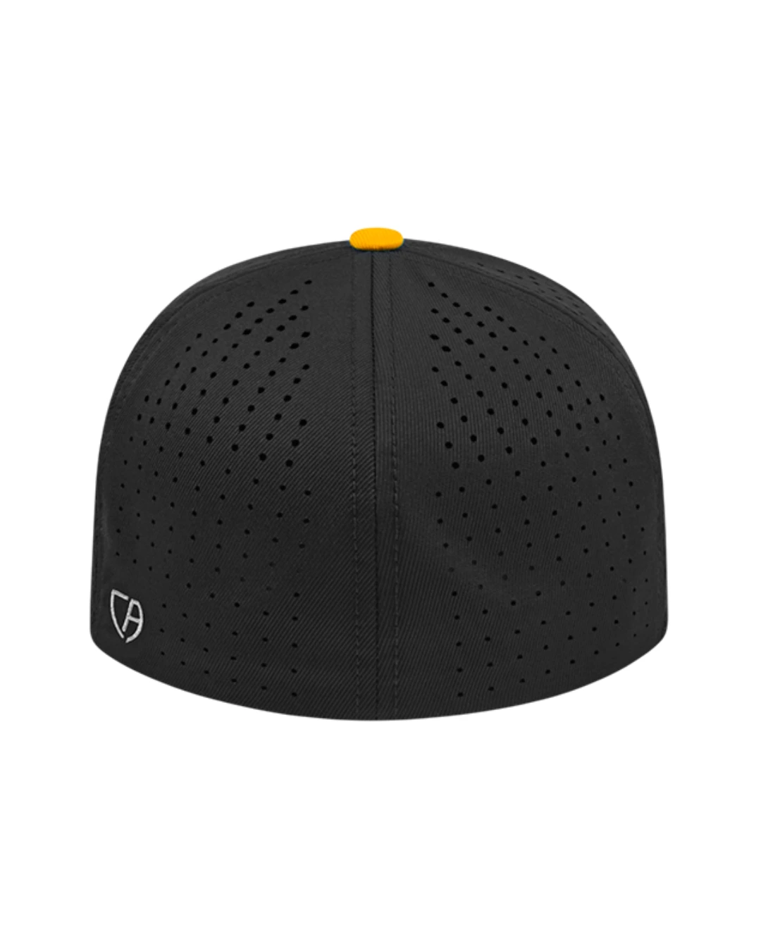 Custom Flexfit hats in Black Athletic Gold, back