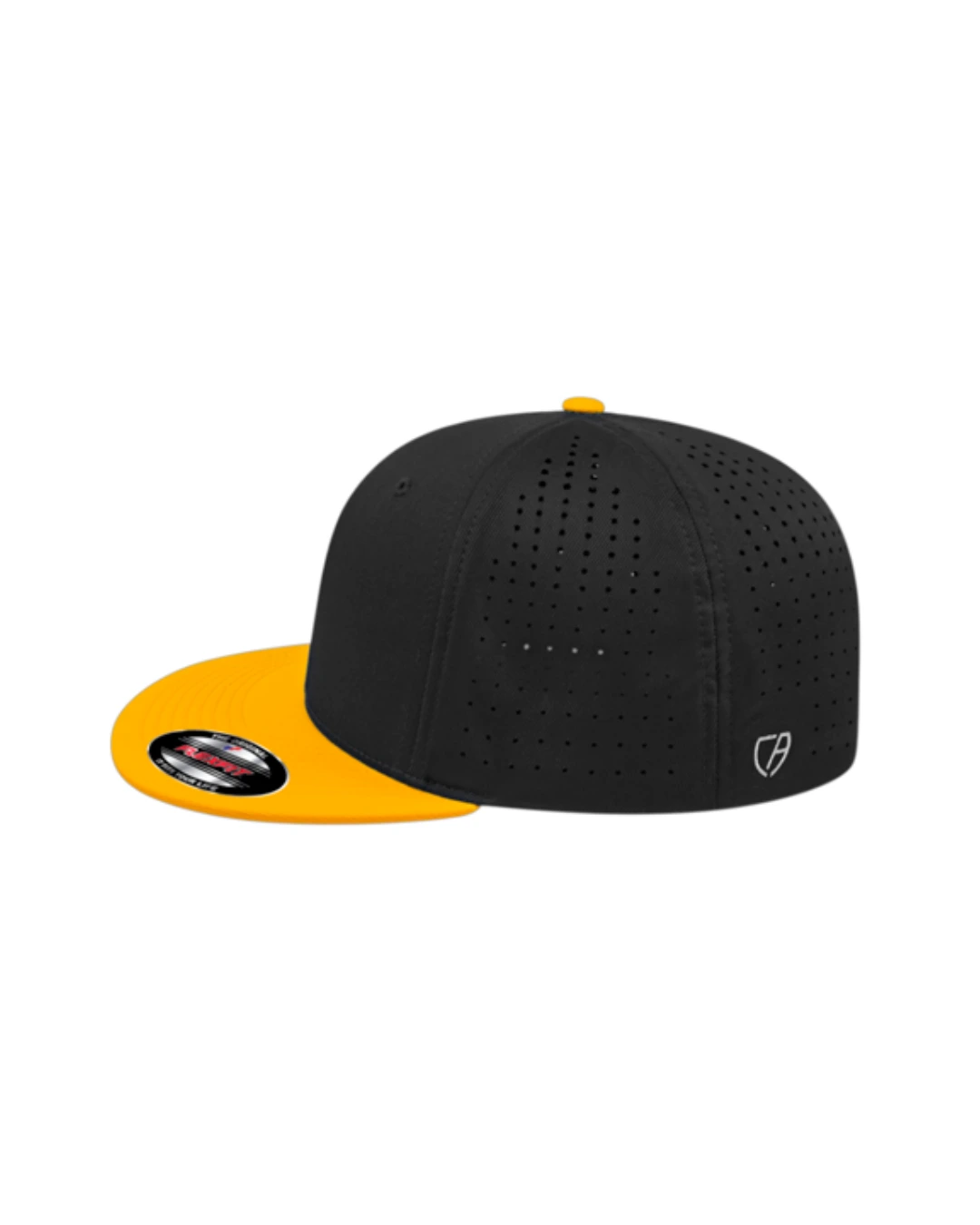 Custom Flexfit hats in Black Athletic Gold, side