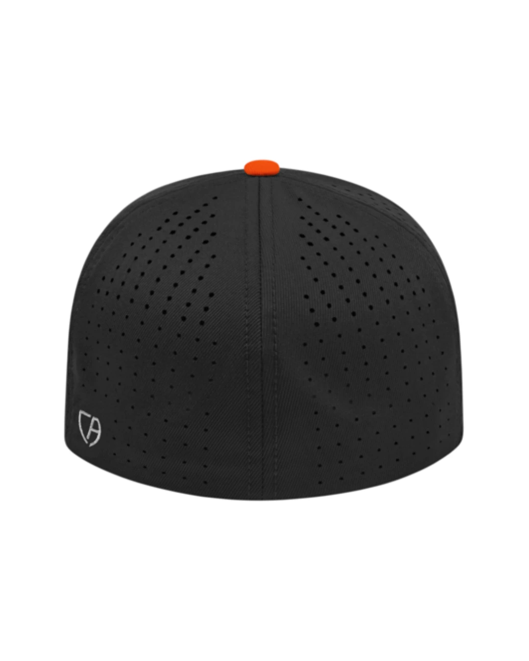 Custom Flexfit hats in Black Orange, back