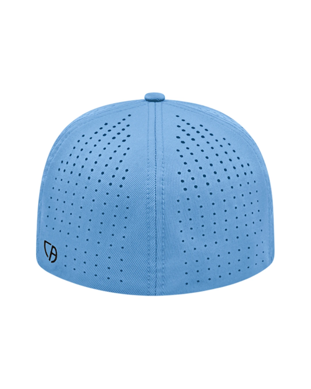 Custom Flexfit hats in Columbia Blue, back