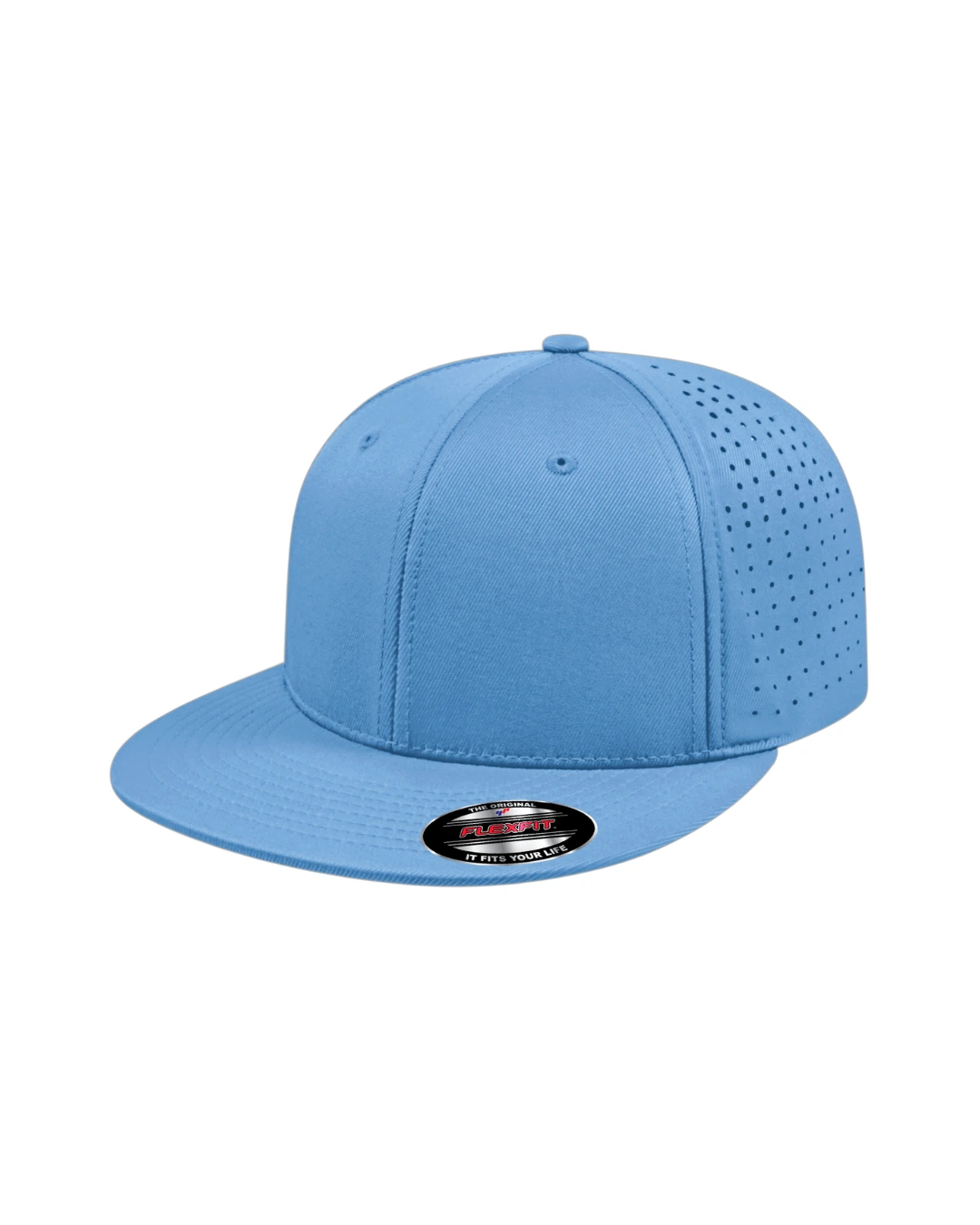 Custom Flexfit hats in Columbia Blue