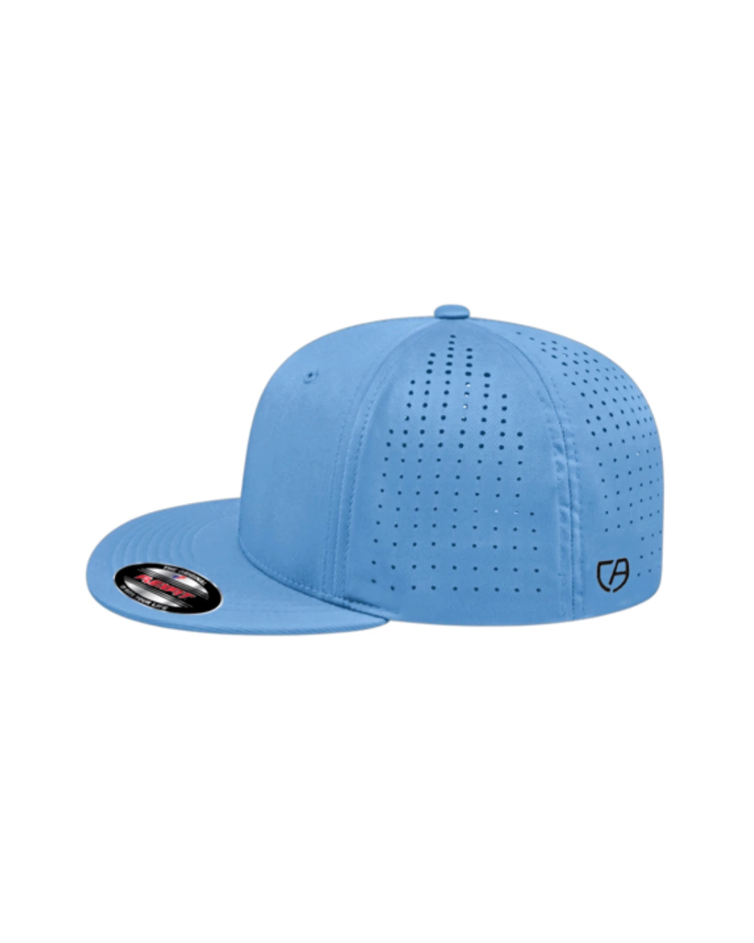 Custom Flexfit hats in Columbia Blue, side