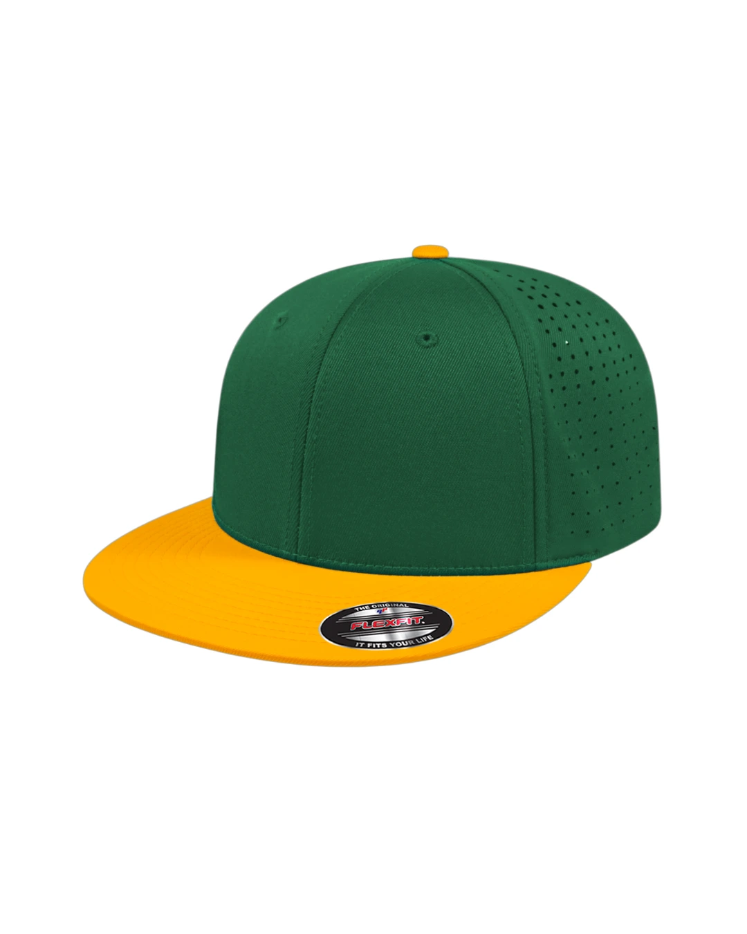 Custom Flexfit hats in Dark Green Athletic Gold