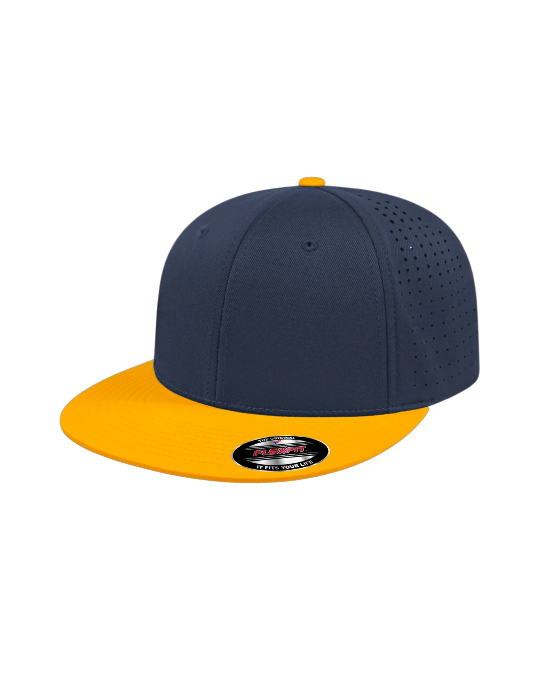 Custom Flexfit performance cap in navy blue athelic gold front by Brandevois