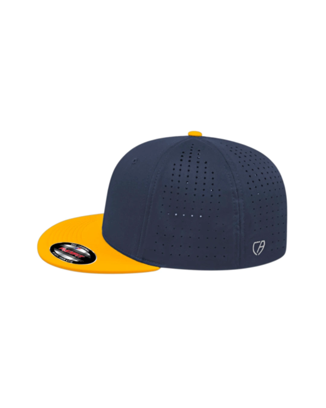 Custom Flexfit hats in Navy Blue Athletic Gold, side