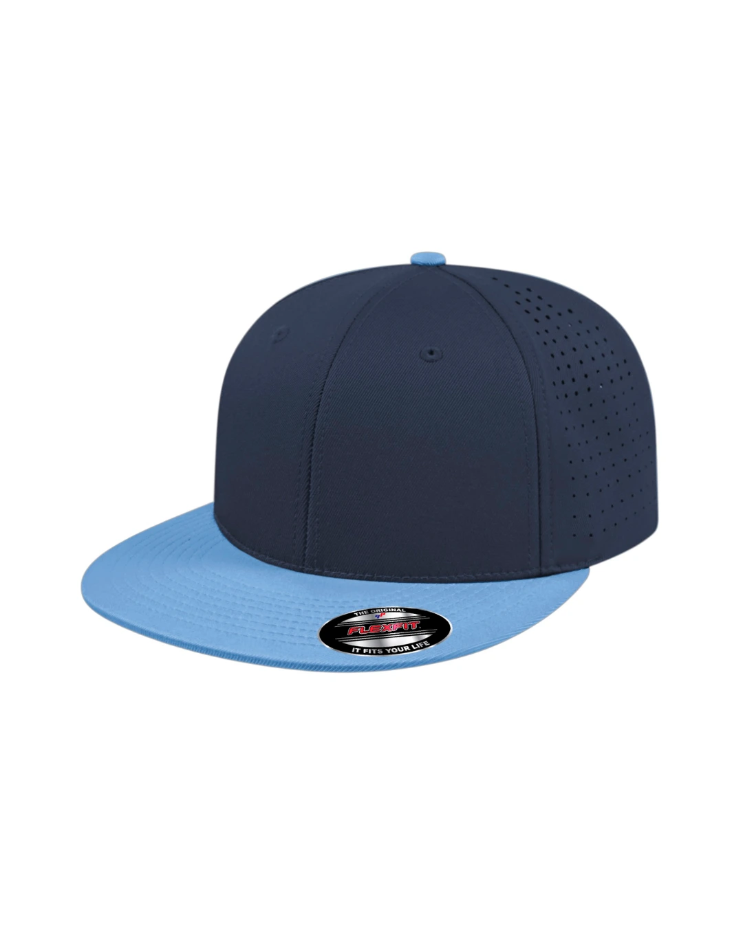 Custom Flexfit hats in Navy Columbia Blue