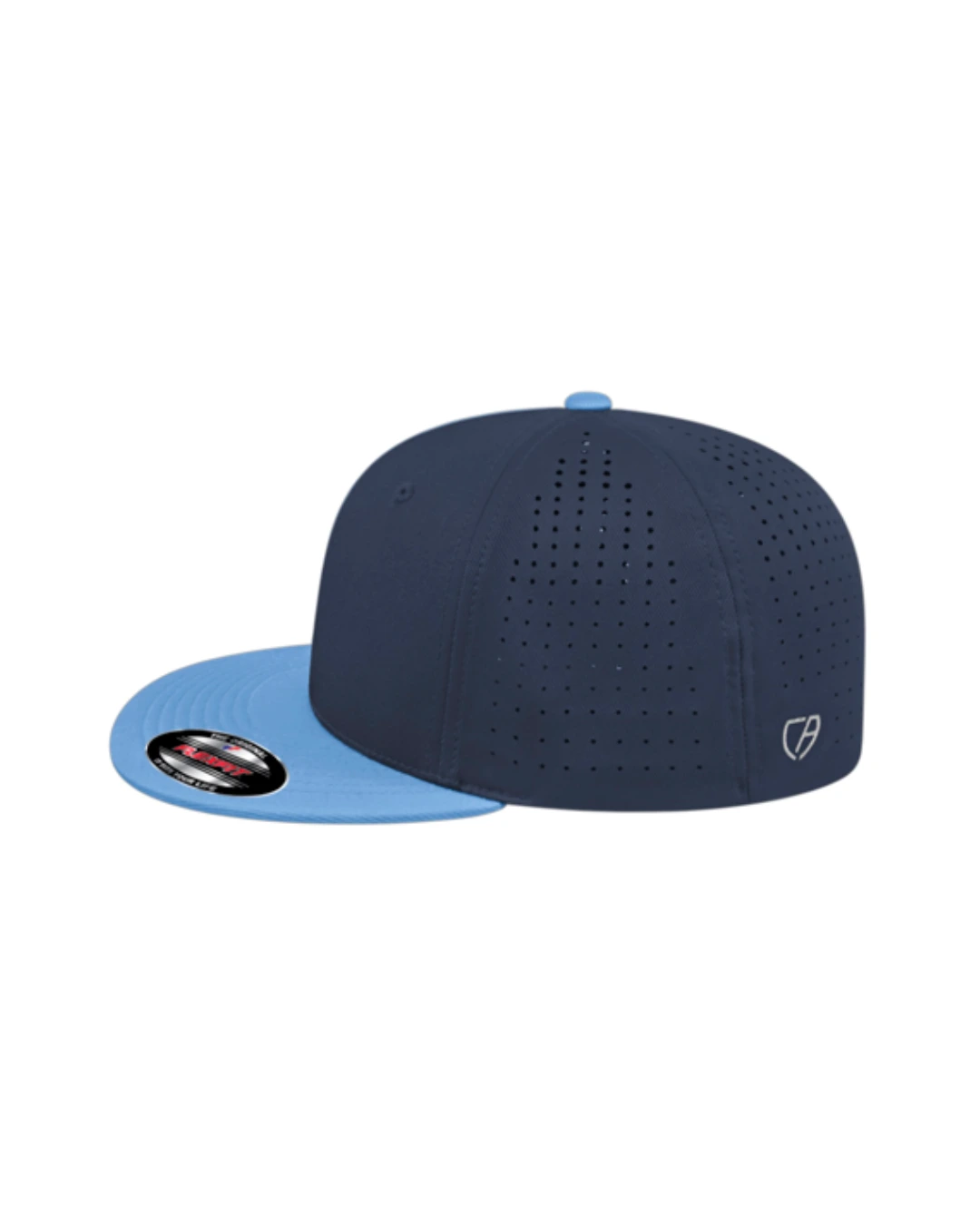 Custom Flexfit hats in Navy Columbia Blue, side