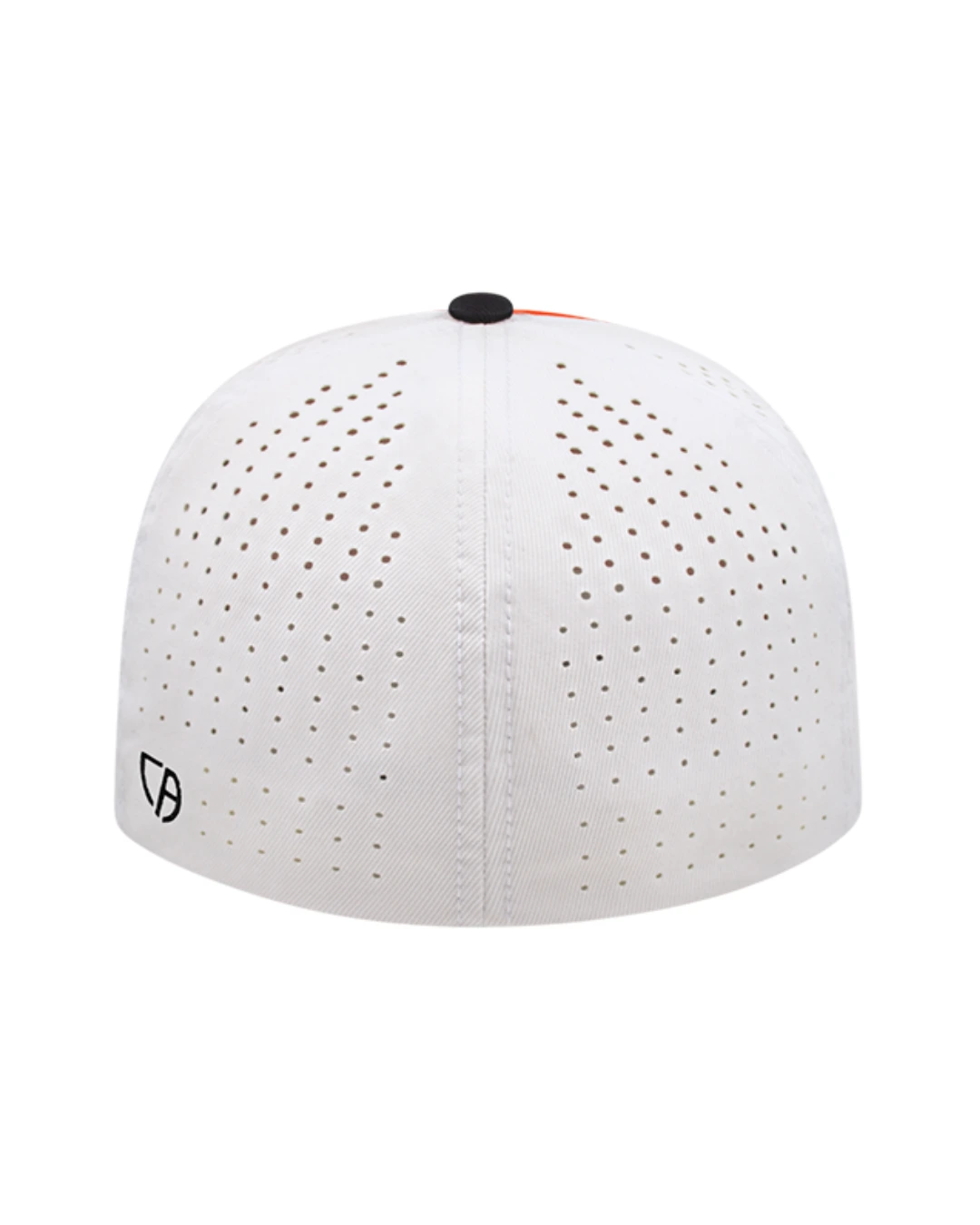 Custom Flexfit hats in Orange Black White, back