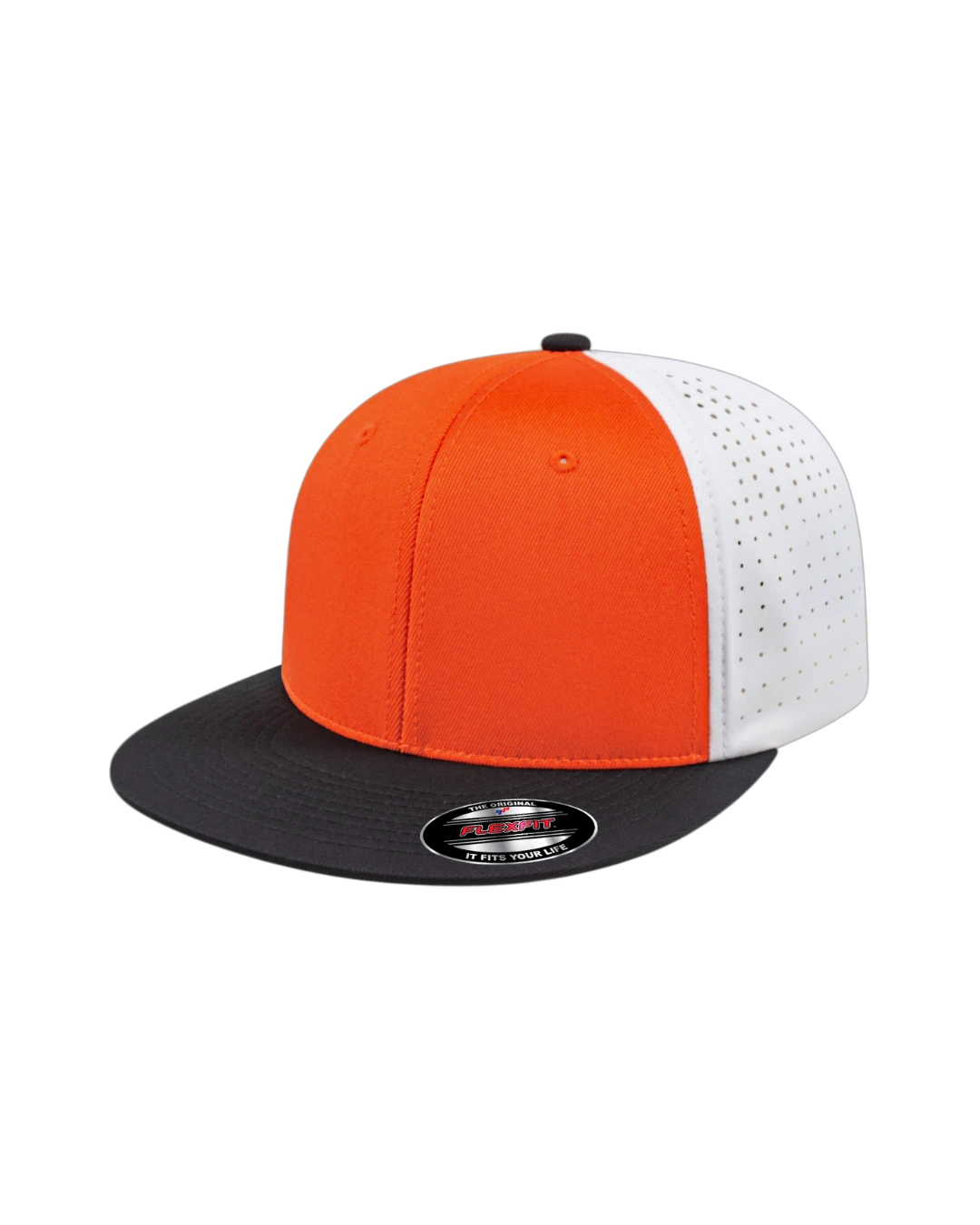 Custom Flexfit hats in Orange Black White