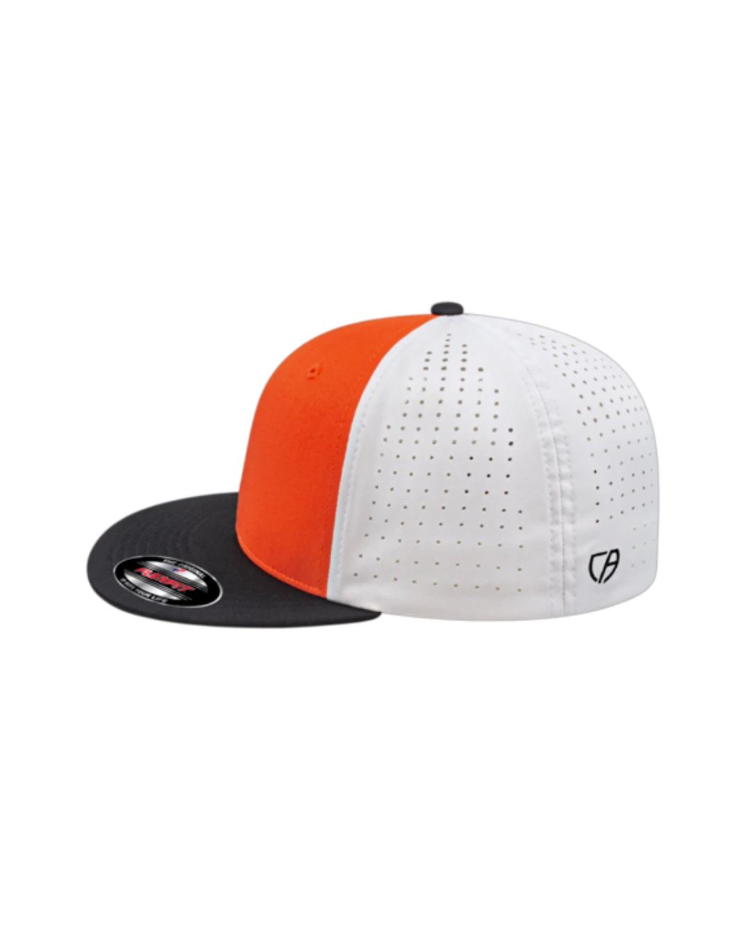 Custom Flexfit hats in Orange Black White, side